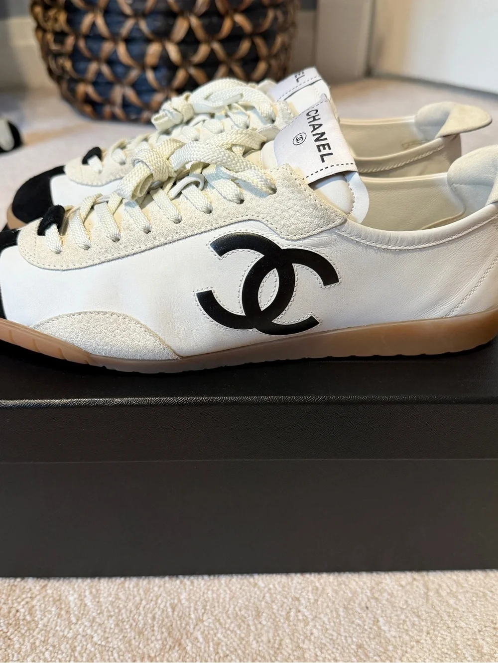 CHANEL White & Black Leather Sneakers